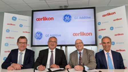 From the left: Florian Mauerer (Head of AM BU at Oerlikon), Dr. Roland Fischer (CEO of Oerlikon), David Joyce (CEO GE Aviation) and Mohammad Ehteshami (VP GE Additive).