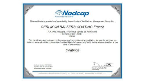 Oerlikon Balzers France awarded Nadcap Merit Status