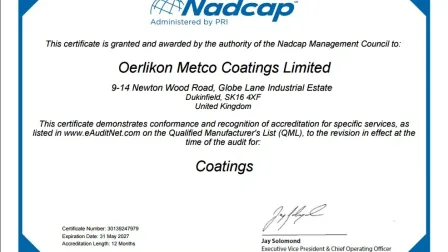 Oerlikon Metco Coatings Ltd. strengthens aerospace offerings with Nadcap accreditation